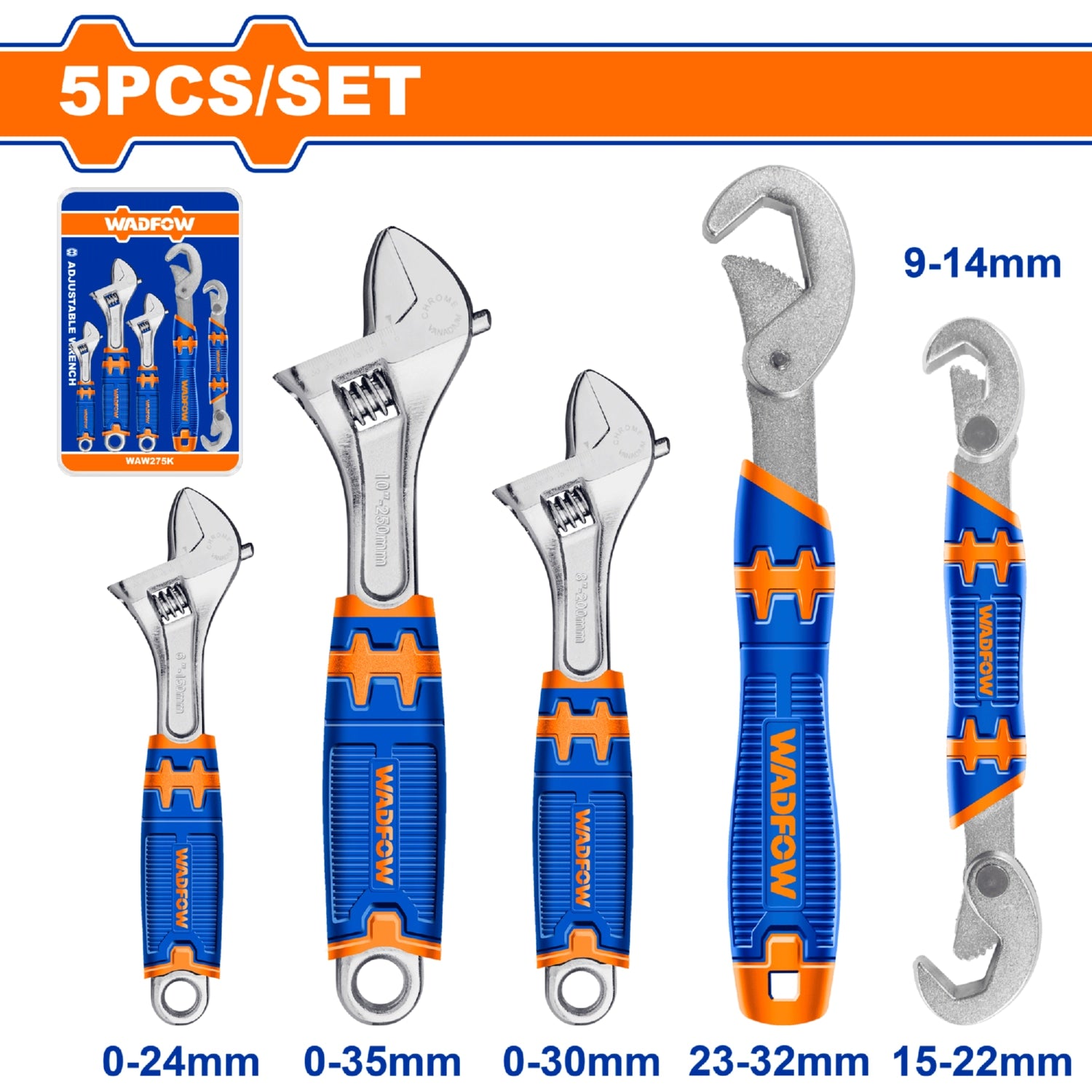 Llaves Ajustables Inglesas y Pico de Loro. Set de 5 piezas. Ancho de apertura variable.