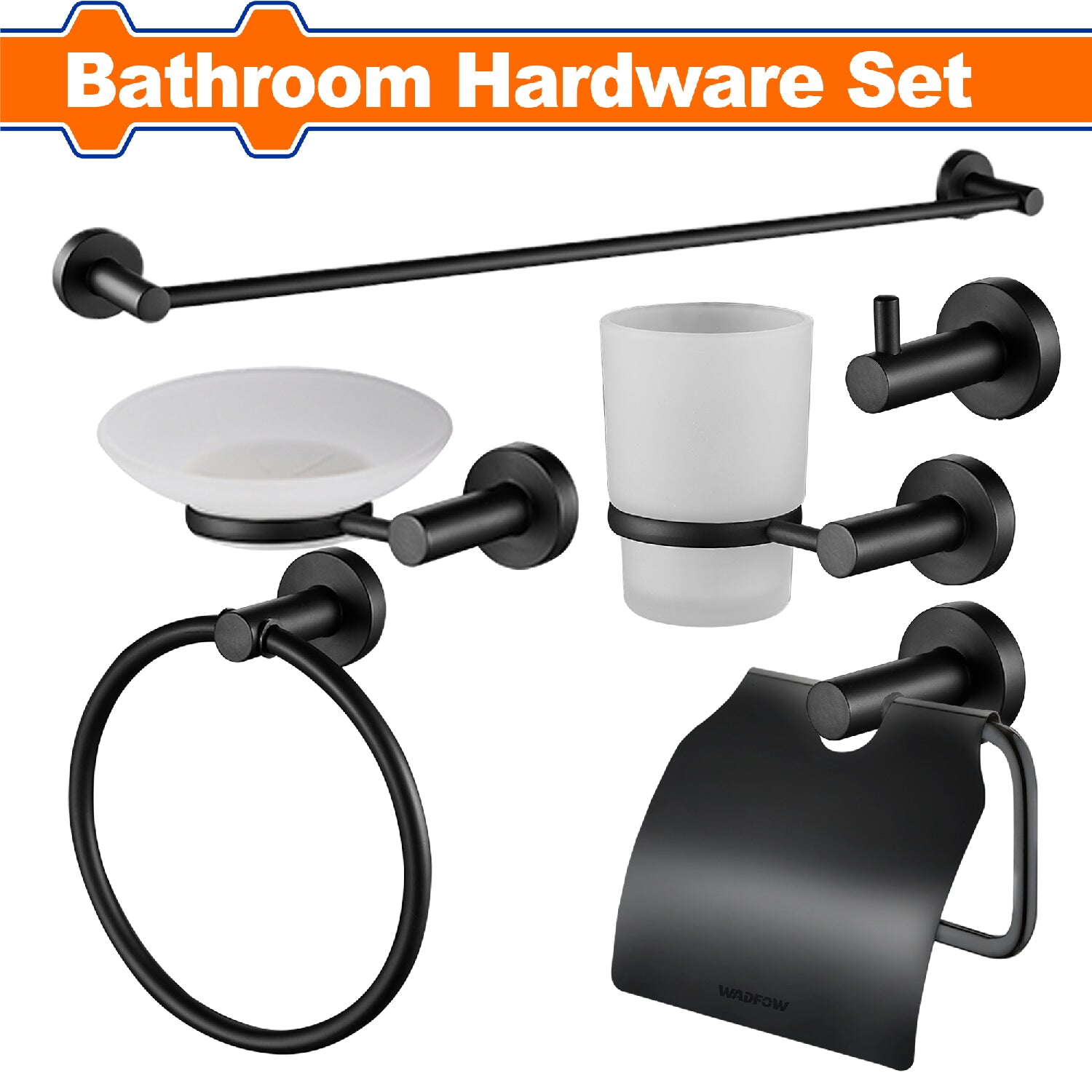 Accesorios para baño. 6 piezas. Fabricado en aleación de zinc, acero inoxidable y vidrio. Negro.