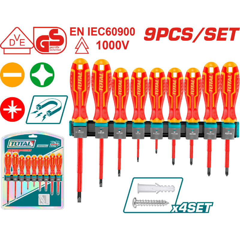 Destornilladores Aislados 1000V Mango ergonómico. Magnético. Punta redonda. Set de 9 piezas. Para electricista