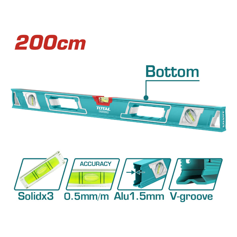 Nivel de Burbuja de 200 cm. Espesor del Aluminio 1.5mm. Alta Calidad. Alta Precisión.