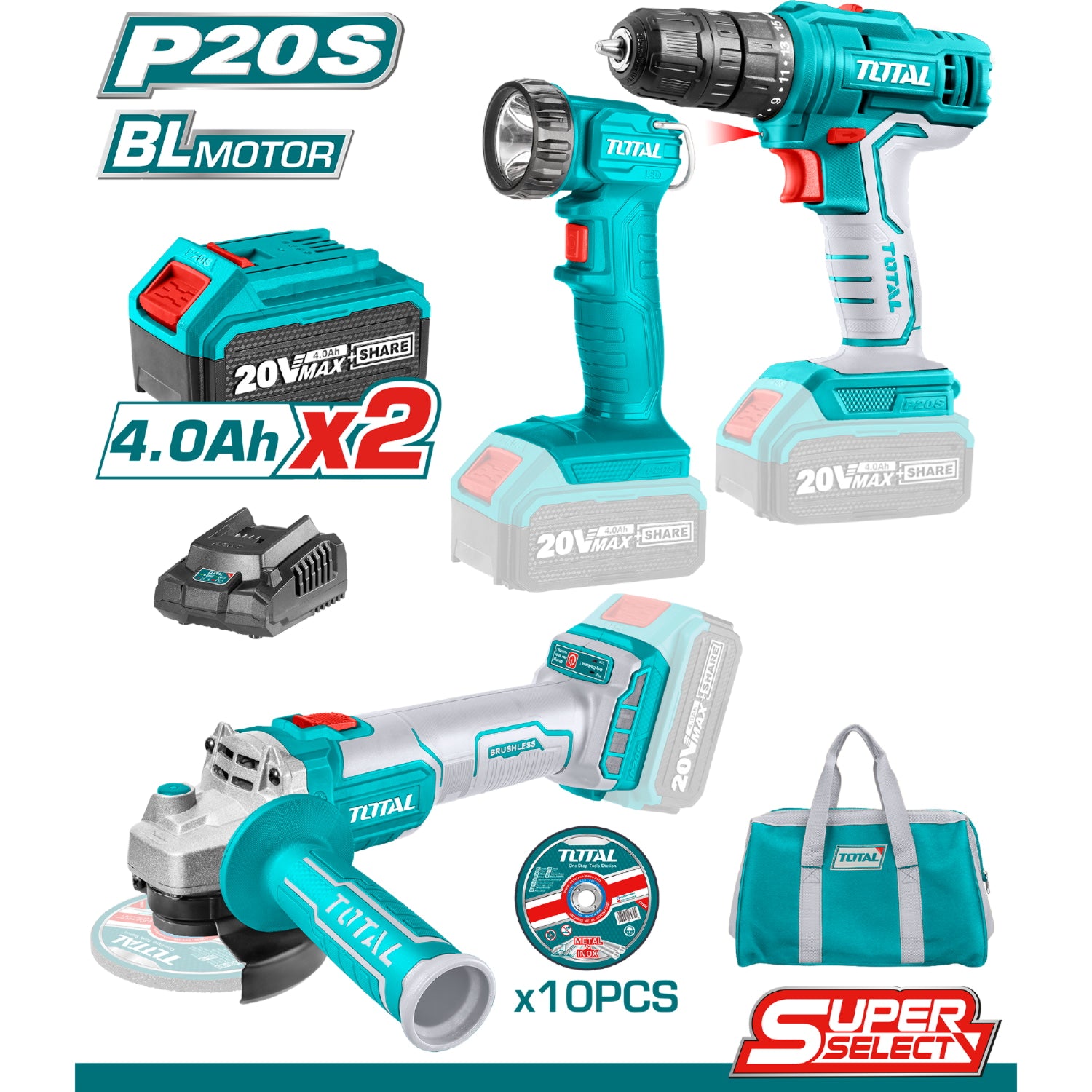 Combo Total 20V Drill, flexible y lampara (Gratis 2 baterías 4Ah+Cargador+Bolso+10 discos)