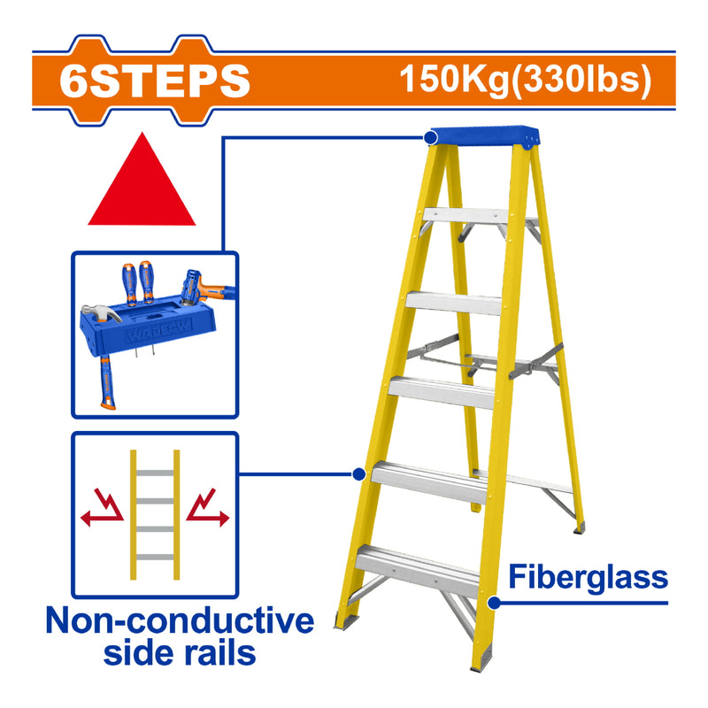 Escalera de fibra de vidrio 6 escalones. Altura de paso: 280mm. Carga máxima: 150Kg. De tijera