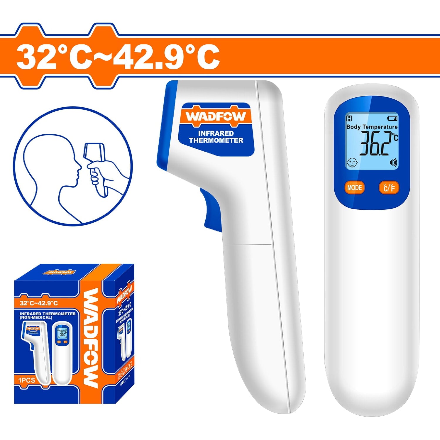 Termómetro digital. Rango de Temperatura: Humanos:32°C~42.9°C . Pantalla color. Margen error ±0.2℃