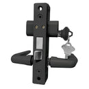 Set cerradura pestillo perfil angosto con manija. Negro., llave ambos lados , 2 llaves, placa decora