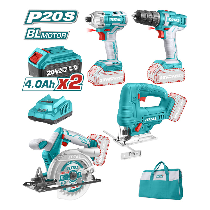 Combo 20V inalámbrico Total Drill, Llave impacto, Caladora, Sierra(2 Baterías 4A Carg. y bolso)