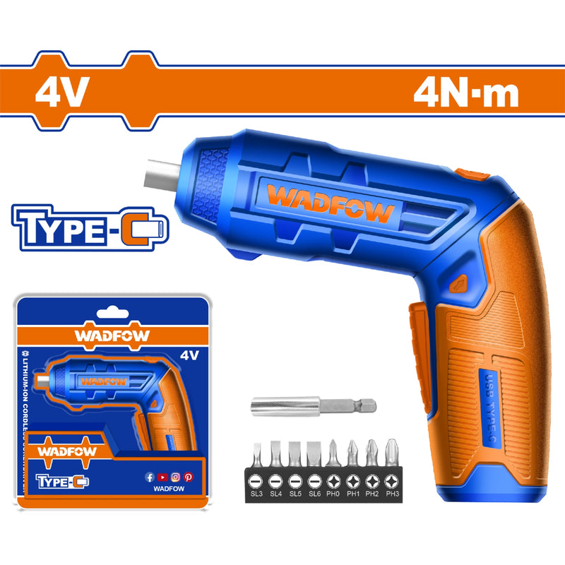 Destornillador inalámbrico 4V. Carga USB cable tipo C de celular. 4N.m. 240 rpm. Mango ajustable.
