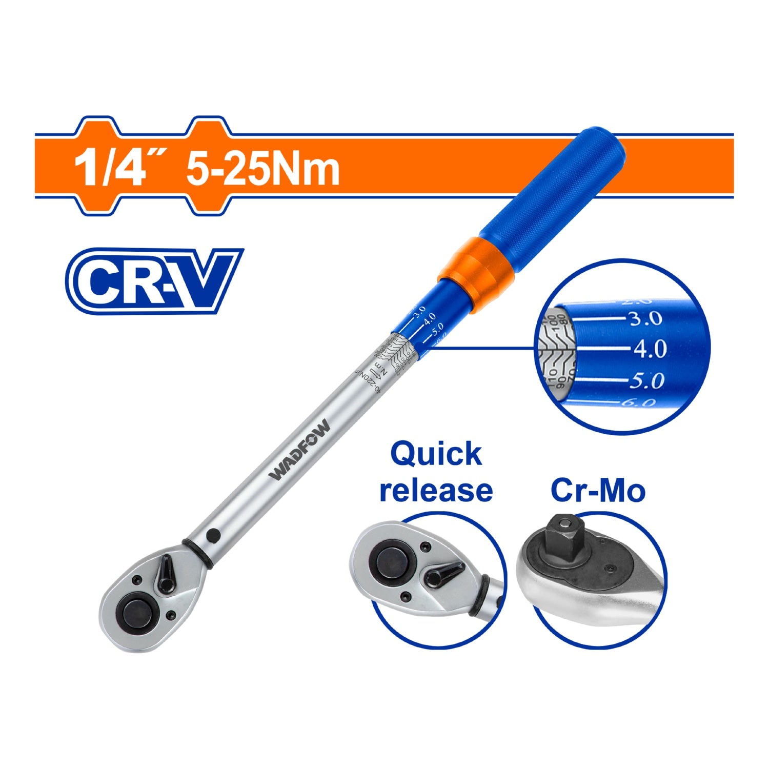 Torquímetro 1/4" 5-25Nm. Cr-V. Liberación rápida. Cr-Mo. Long: 238mm. Tolerancia de torque: ±4%