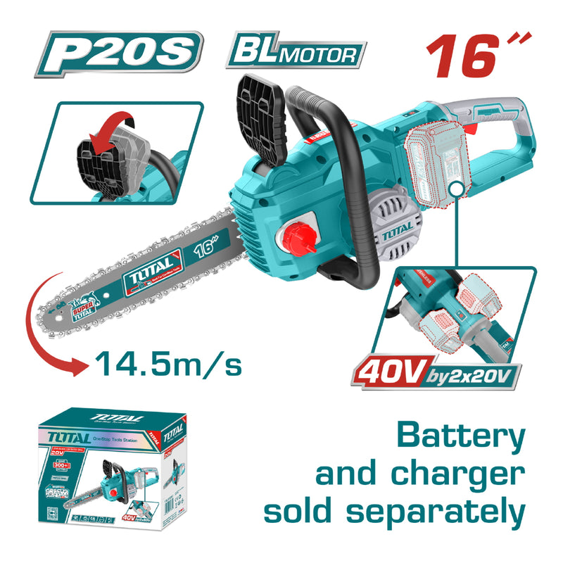 Motosierra de 16" 40V Motor sin escobillas. Usa 2 baterias 20V Batería y cargador por separado.