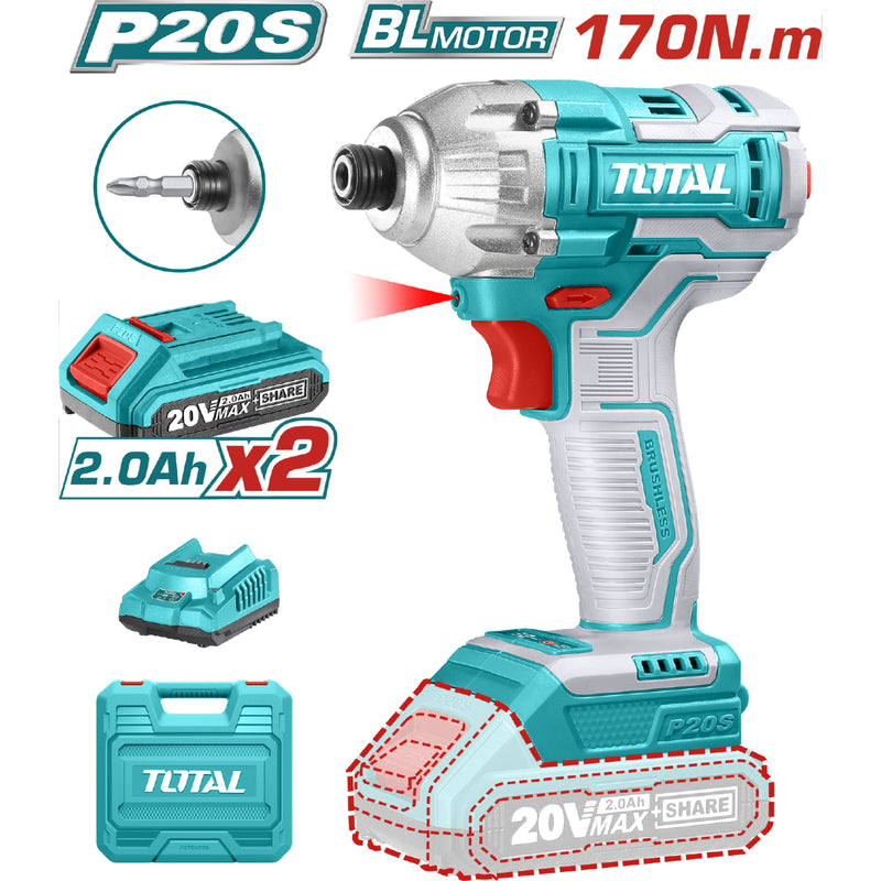 Llave de impacto dado hexagonal 1/4" 20V Motor sin escobillas. 170NM. Incluye batería y cargador. CON PORTA PUNTAS
