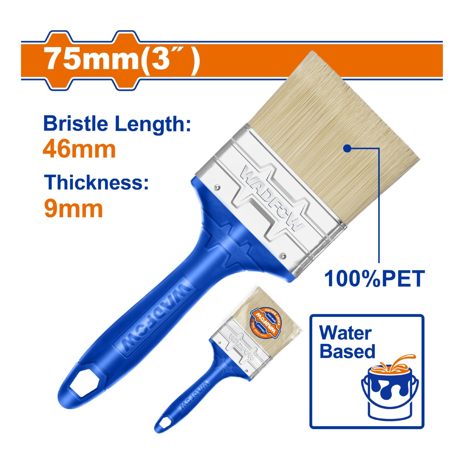 Brocha para pintar 75mm(3"). Cerdas 100% PET. Pintura a base de agua. Long: 46mm. Grosor: 9mm.