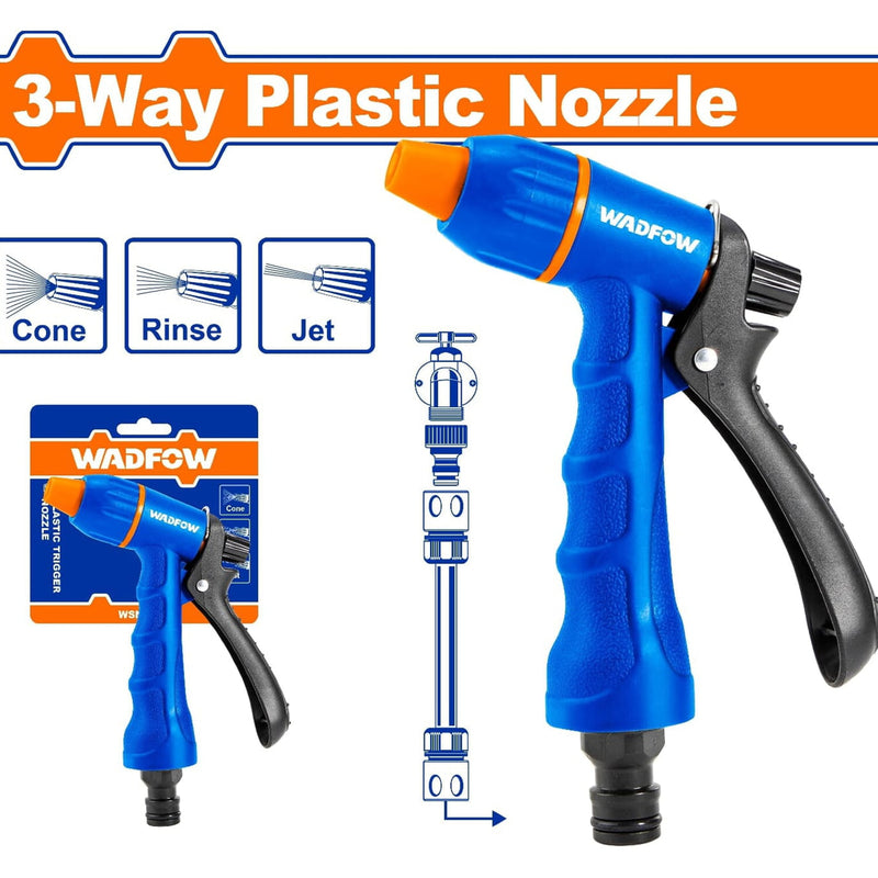 Pistola Boquilla de agua de plástico para manguera ajustable 3 vías. Agarre suave y cómodo. Gatillo de plástico.