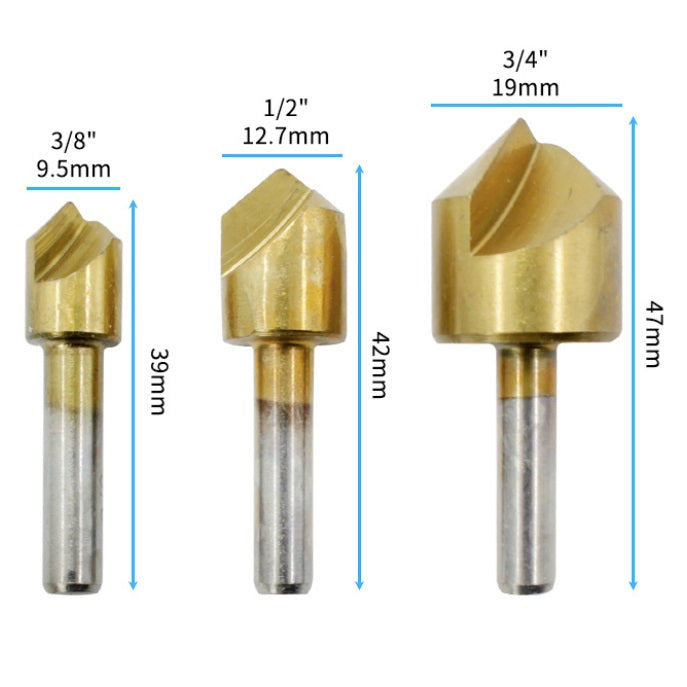Juego de 3 brocas para avellanar angulo 90 grados. Vastago 6mm. Revestidas en titanio.