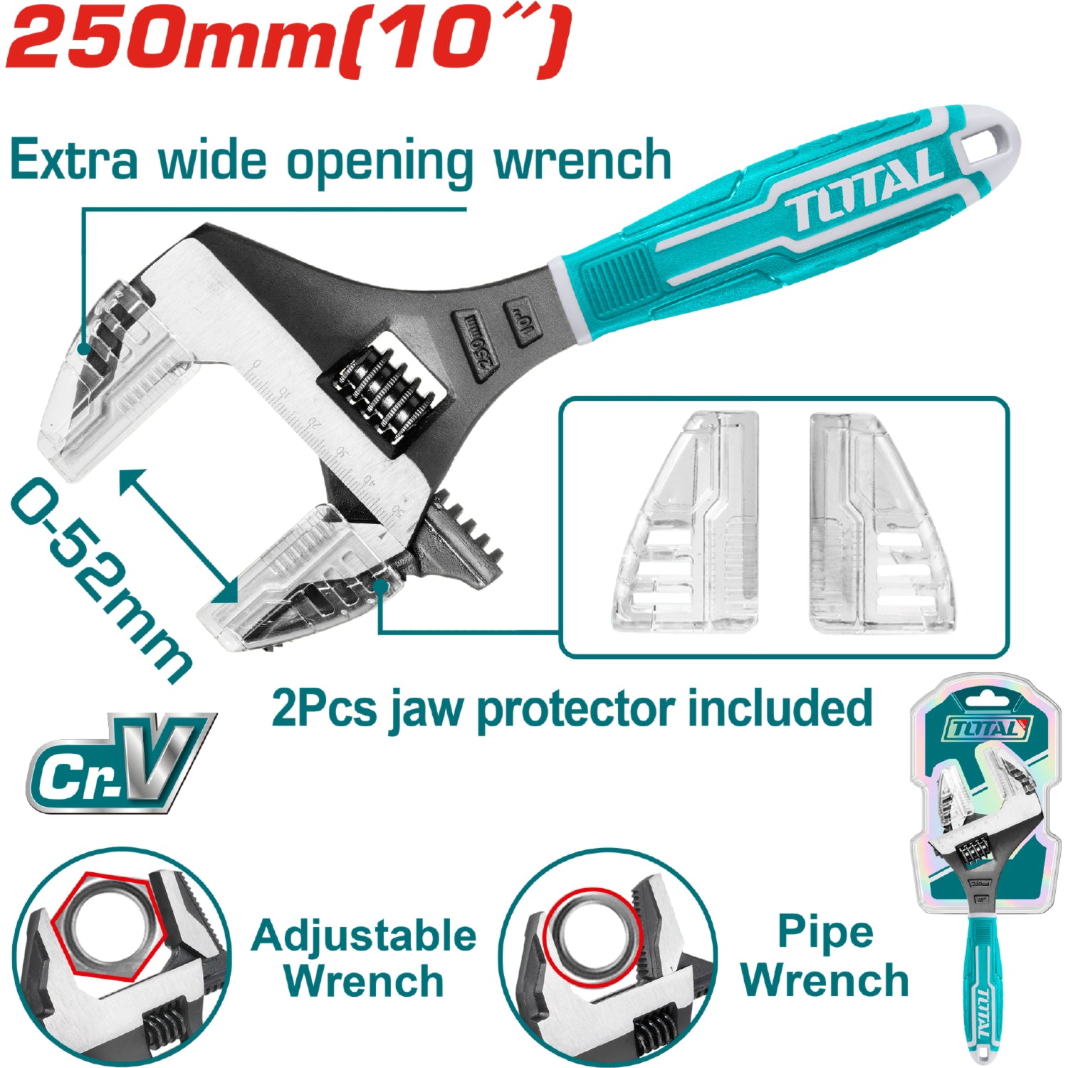 Llave Ajustable 2 en 1 de 10" Función llave para tubos. Apertura extra amplia: 0-52mm Cr-V