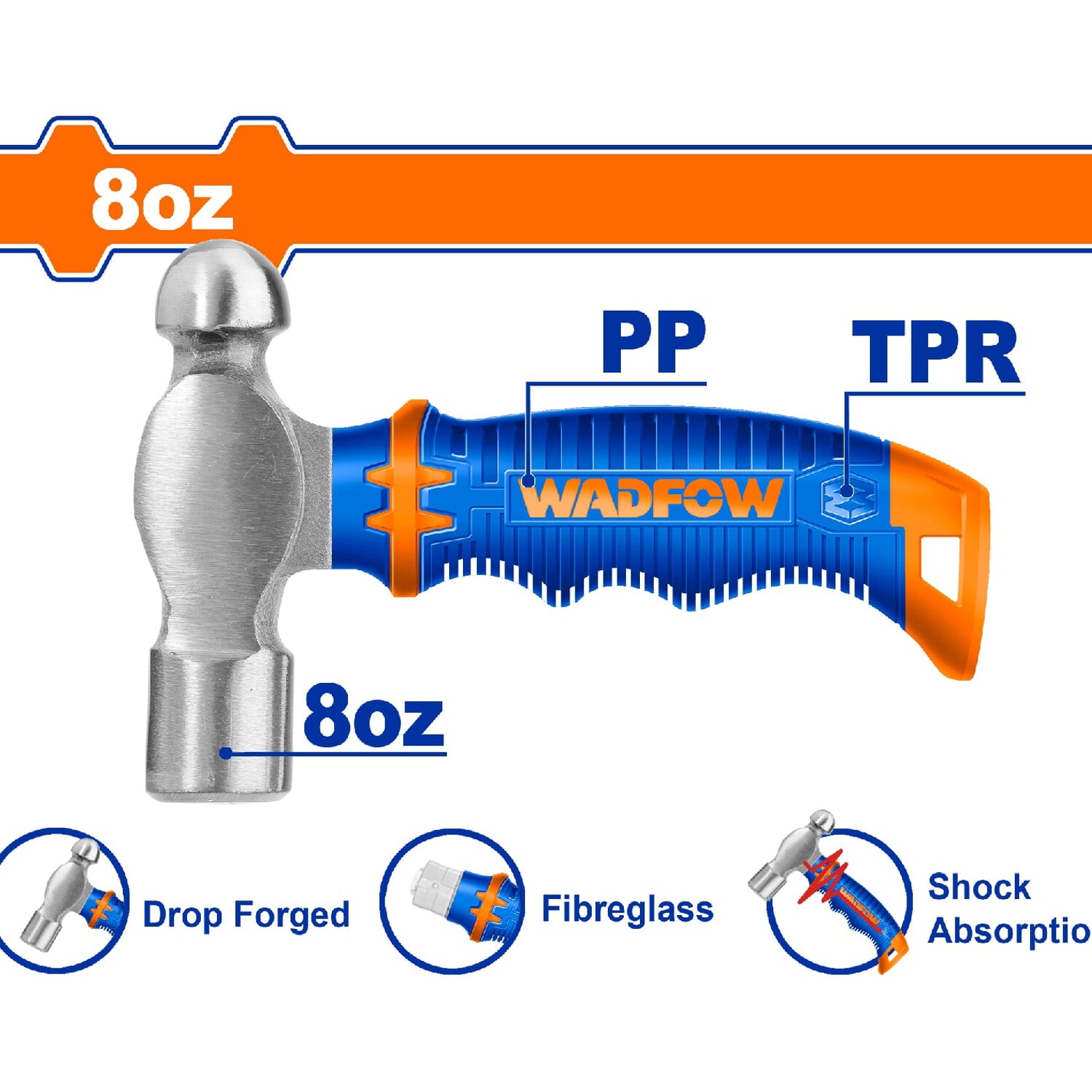 Martillo de Bola 8oz/220g. Tratamiento térmico. Acero al carbono #45. Cabeza forjada.