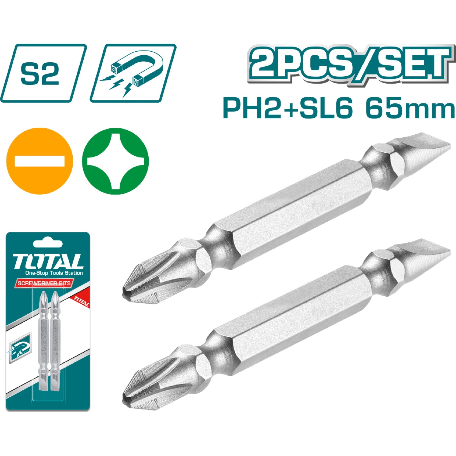 Puntas de destornillador PH2+SL6*1.0 (Set 2 piezas,65 mm,S2). Punta magnética.