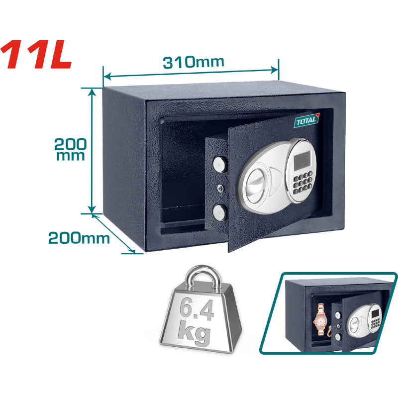 Caja Fuerte de Seguridad 11 L. 200 x 310 x 200 mm. Registra 3 a 8 dígitos.