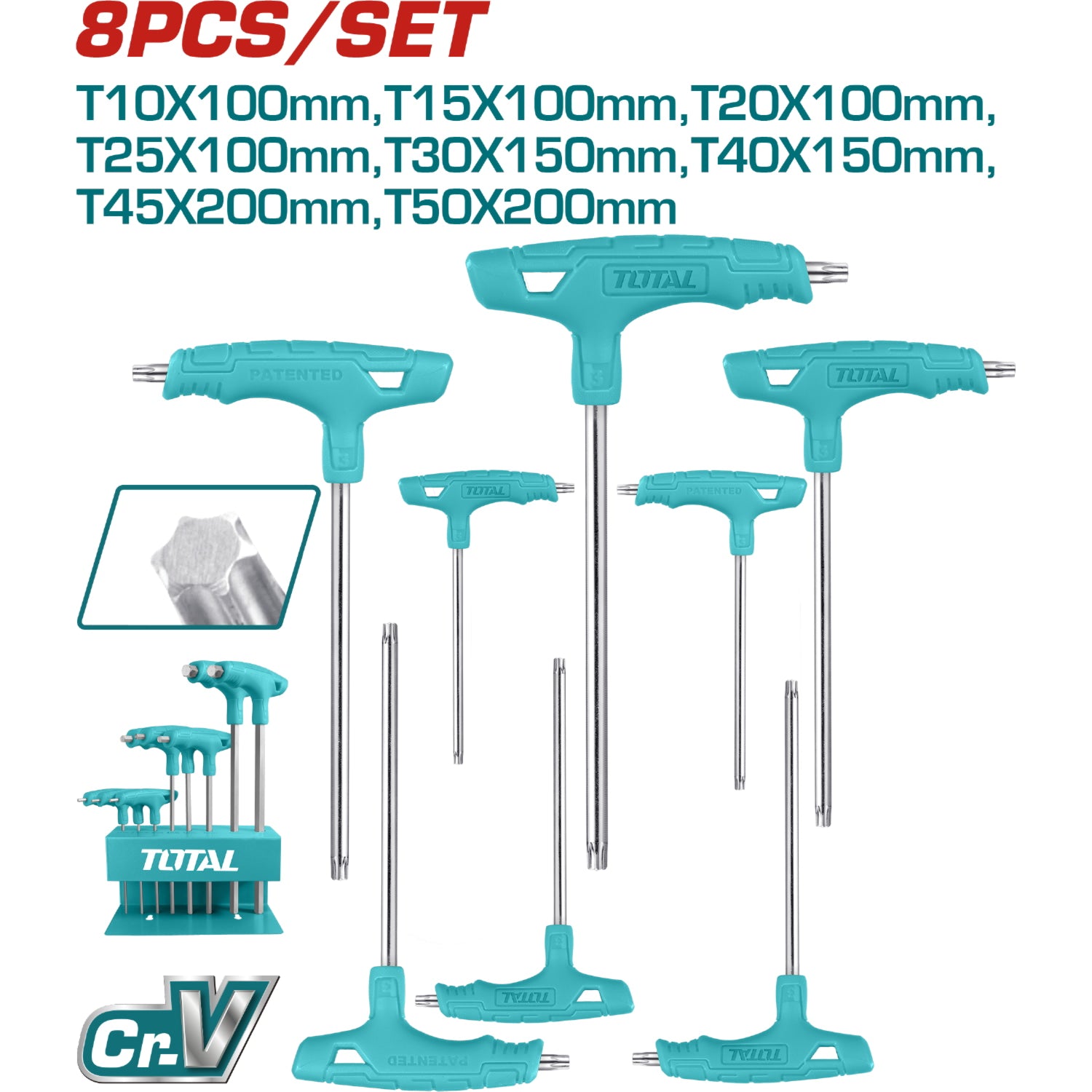 Juego de llaves Torx con mango T de 8 piezas. Cr-V, Tratamiento térmico y placa de cromo.