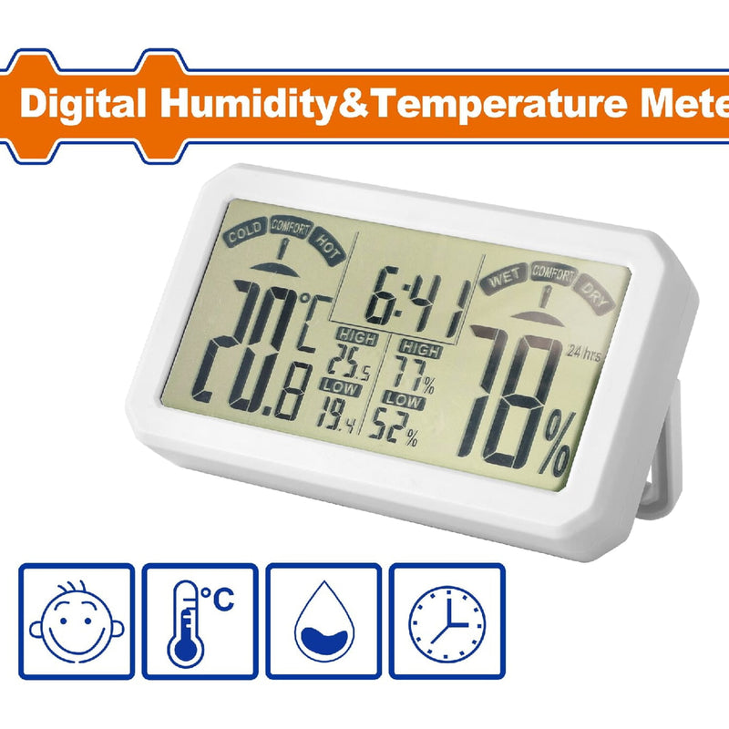 Medidor digital de humedad y temperatura. Función de batería más baja. Visualización de la hora.