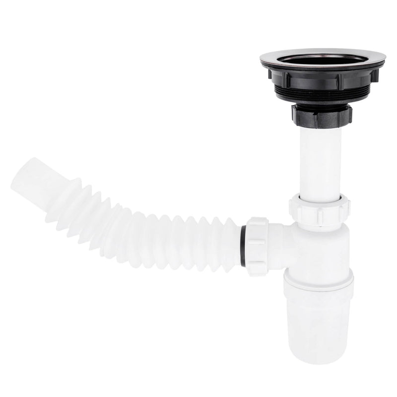 Trampa plástica flexible para fregadores con desague con canasta coladera y con rebosadero