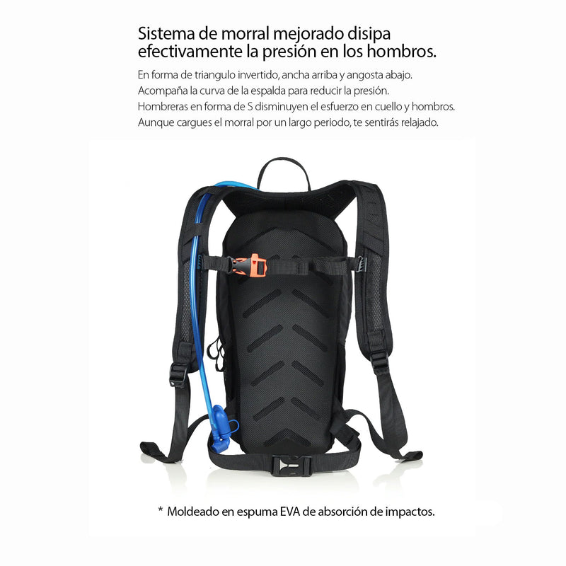 Morral de 12L, ligero, con Bolsillo para Vejiga de agua de hasta 2L. Color negro