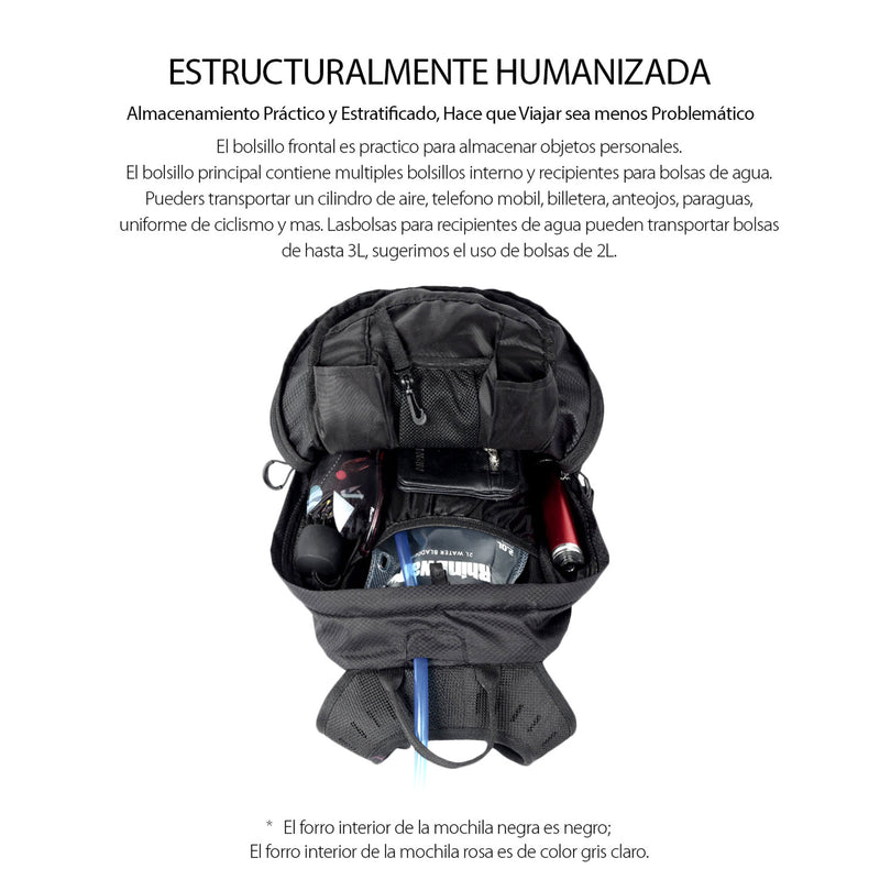 Morral de 12L, ligero, con Bolsillo para Vejiga de agua de hasta 2L. Color negro