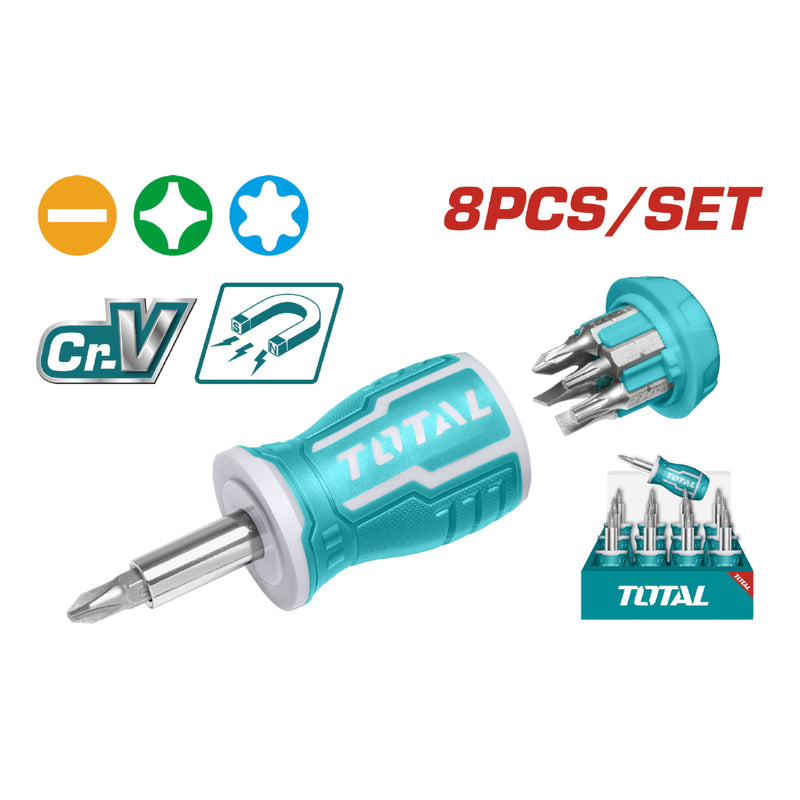 Destornillador Stubby 8 pzs. (Mango ergonómico. 25 mm. SL5,SL6,PH0,PH1,PH2,T10,T20)