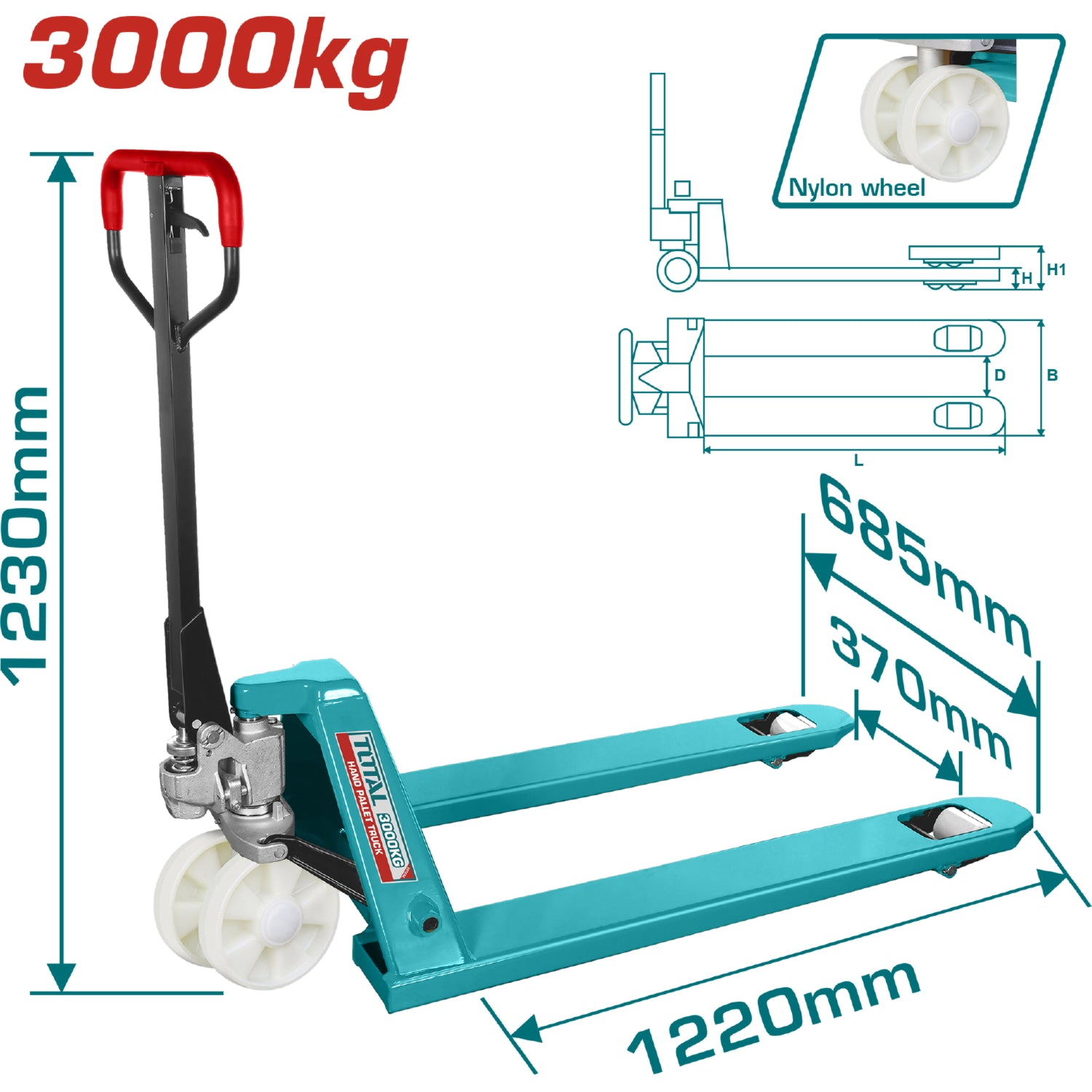 Transpaleta manual de 3000 Kg. Medidas de uñas. 685x1220mm Altura min/max de uña: 74-190mm.