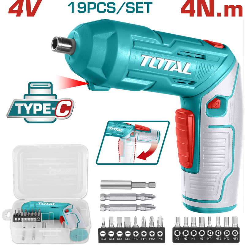 Destornillador inalámbrico 4V. Carga USB cable tipo C de celular. 4N.m. Inc.19 accesorios.