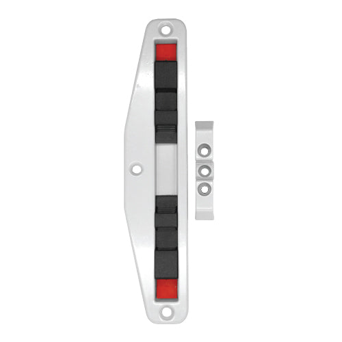 Cierre perimetral de doble gancho. Incluye recibidor y gancho. Tornillo visto. Acabado color Blanco.