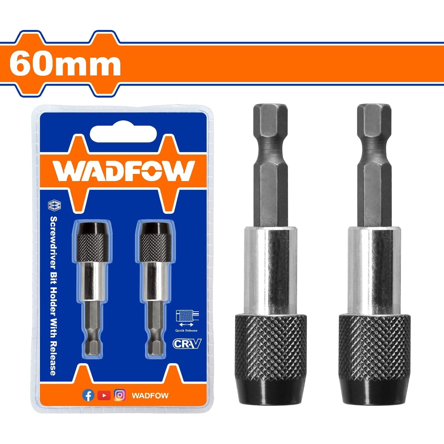 Porta puntas magnético de destornillador. 60mm. CR-V+ Acero. Liberación rápida. Set de 2 piezas.