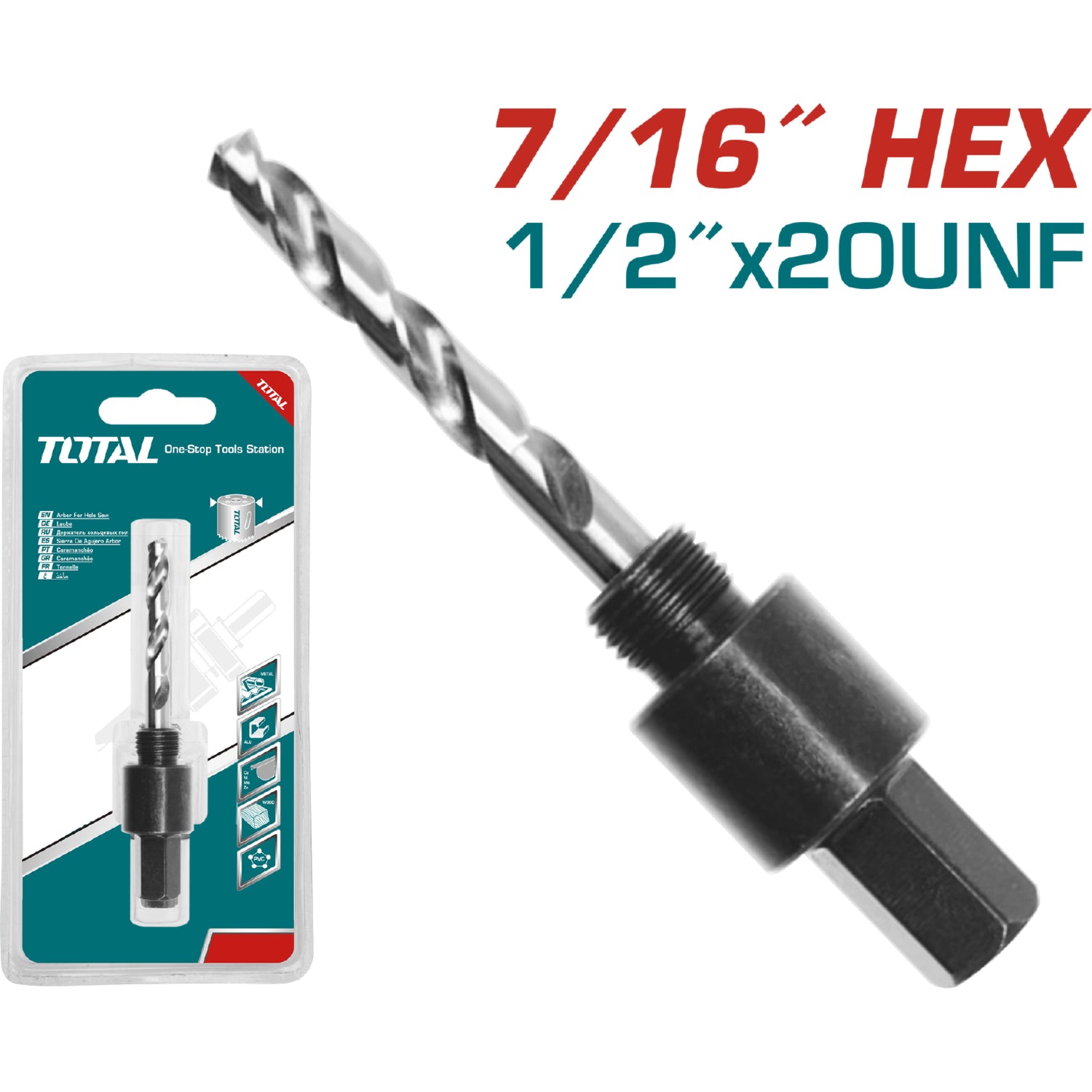 Adaptador para Broca Copa Circular (7/16"Hex) 1/2"x20UNF. 9/16"(14 mm) a 1-3/16"(30 mm)