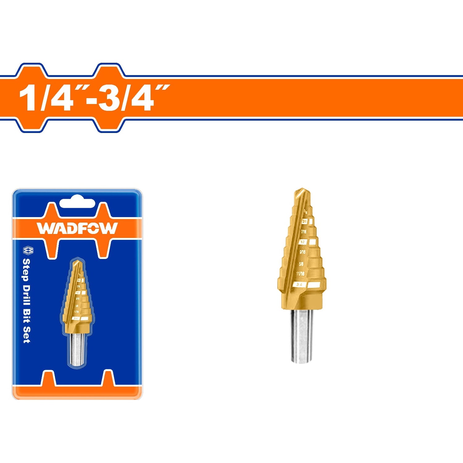 Broca escalonada 1/4"-3/4". Diámetro de vástago: 3/8". Pasos: 1/16".