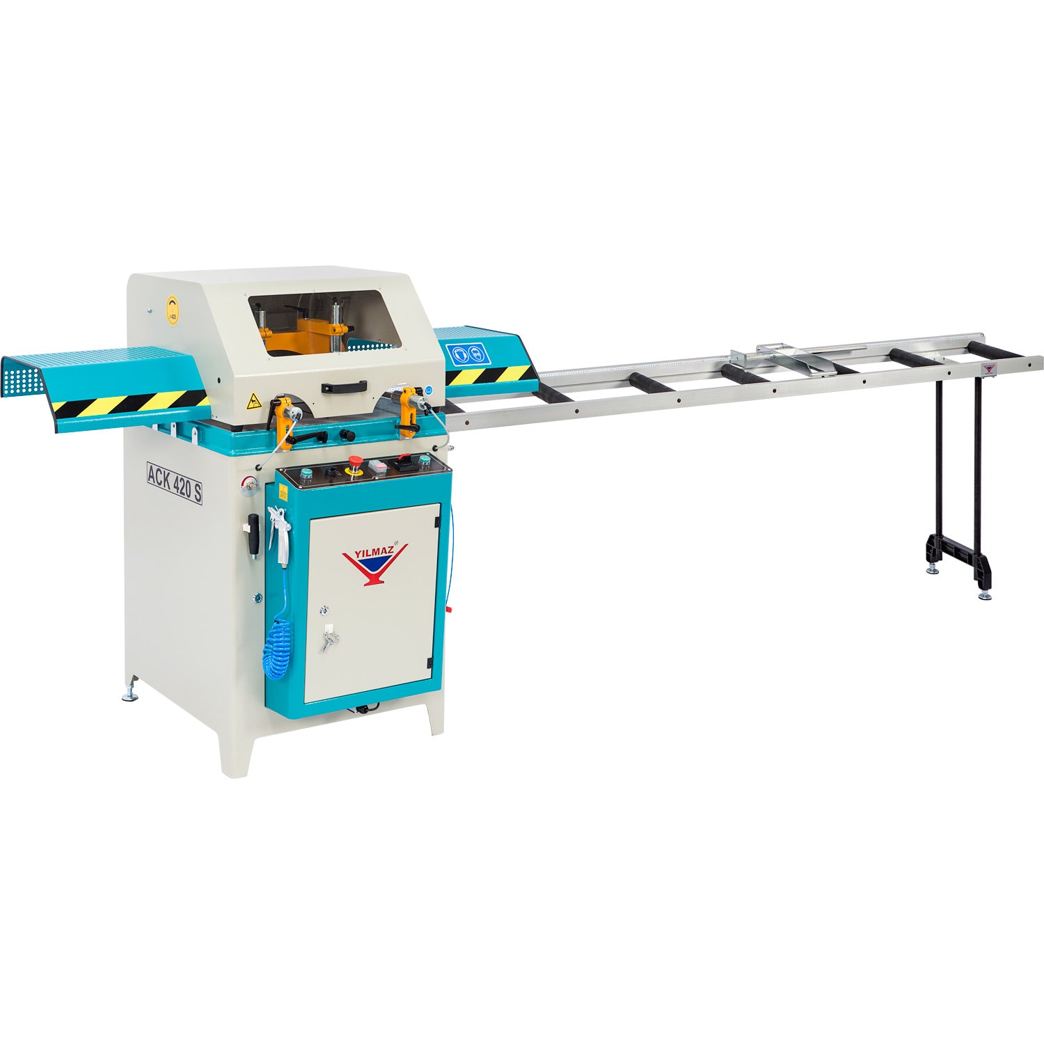 Sierra electrónica con corte superior Trifasica para discos de 420mm con rodillos 3mt ACK 420S 240/60htz