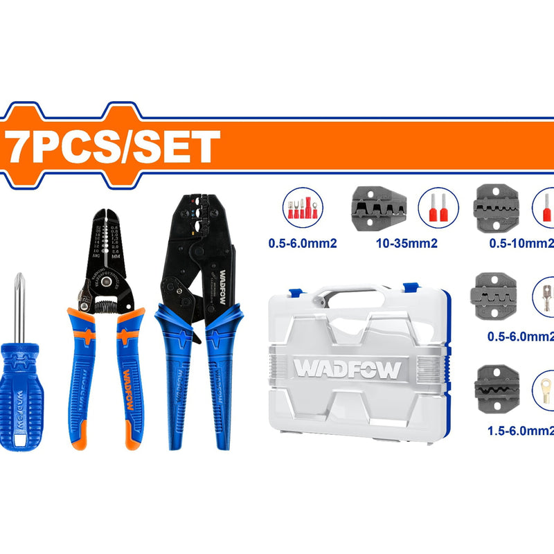 Alicates para crimpar conectores eléctricos. 7 pzas. (Matracas,destornillador, pelacable)Juego