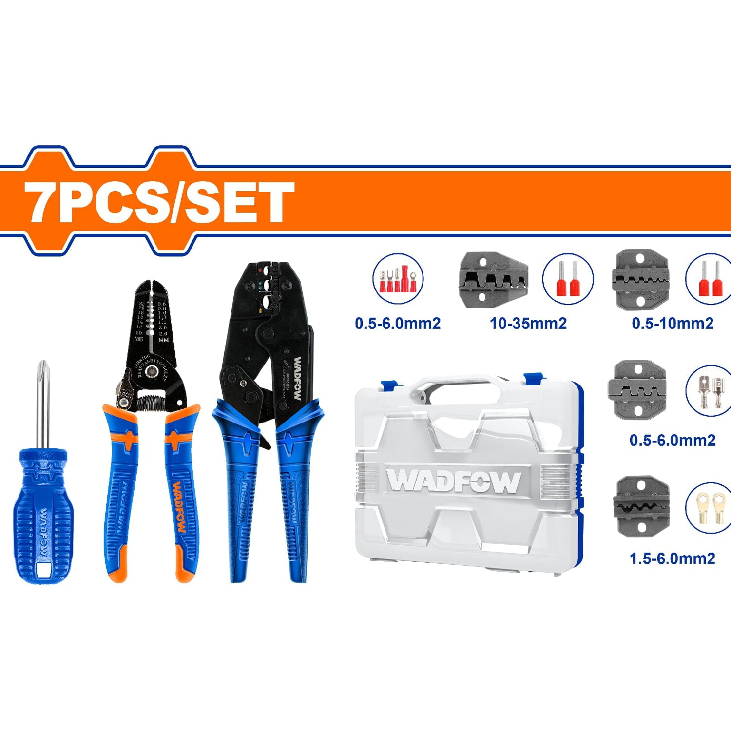 Alicates para crimpar conectores eléctricos. 7 pzas. (Matracas,destornillador, pelacable)Juego