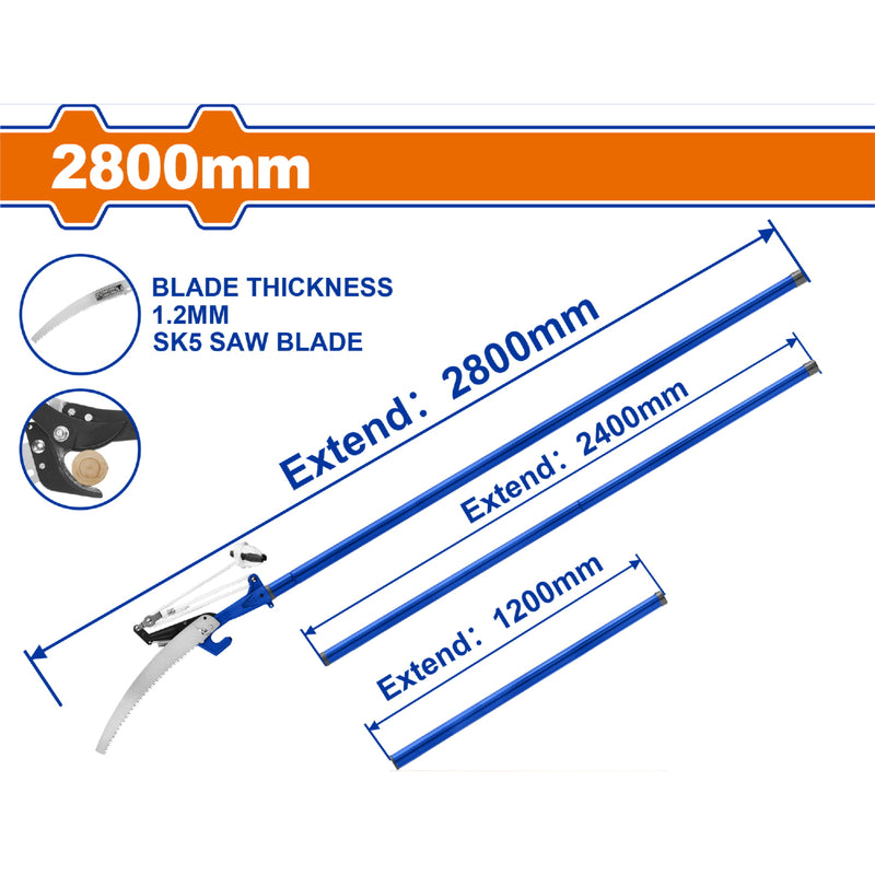 Sierra de podar extensible 2.8m Diámetro Corte: 25mm SK5 Dientes 3 bordes. Ideal para cortar ramas. Vara extencion de poda
