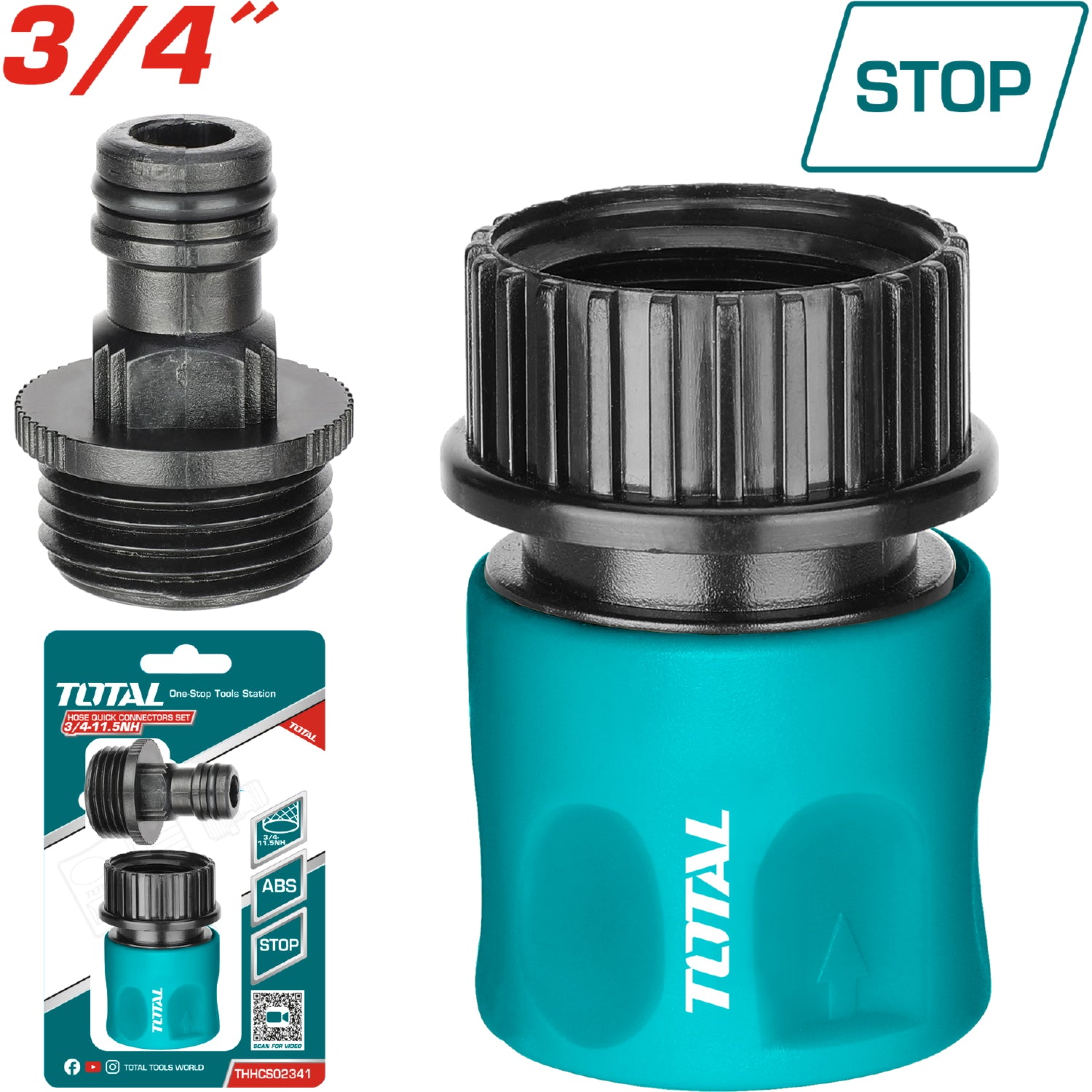 Conector rápido para manguera 3/4" con sistema de detención de agua. 2 piezas.