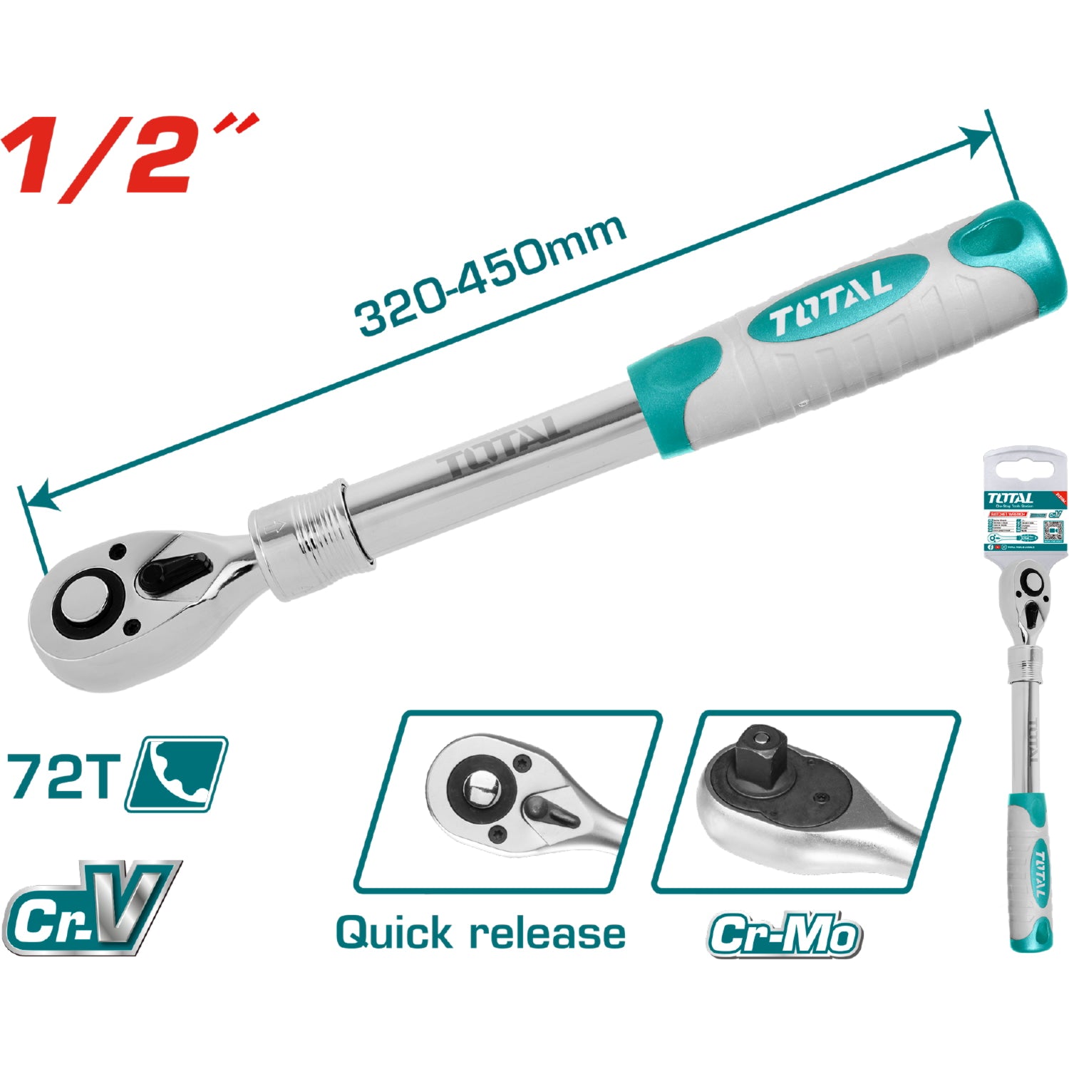 Ratchet Telescópico (1/2")Pulido. CrV. 72 dientes. Longitud 320-450 mm