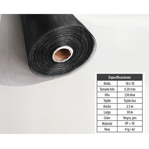 Rollo malla mosquitera negra 2.5 m x 30 m. alta calidad. 75 m2 anti-UV, anti envejecimiento dura
