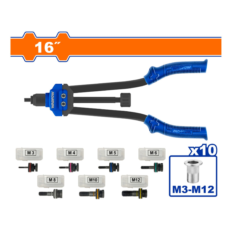 Remachadora de tuercas de 16" con mandriles y tuercas. Se vende en Kit. Remaches roscados