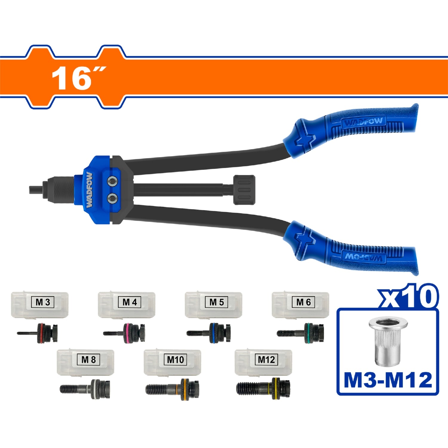 Remachadora de tuercas de 16" con mandriles y tuercas. Se vende en Kit. Remaches roscados