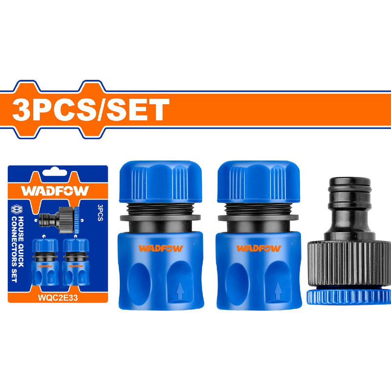 Conectores rápidos de manguera 1/2" y 3/4" . Set de 3 piezas. Incluye conectores, adaptadores y reductor.