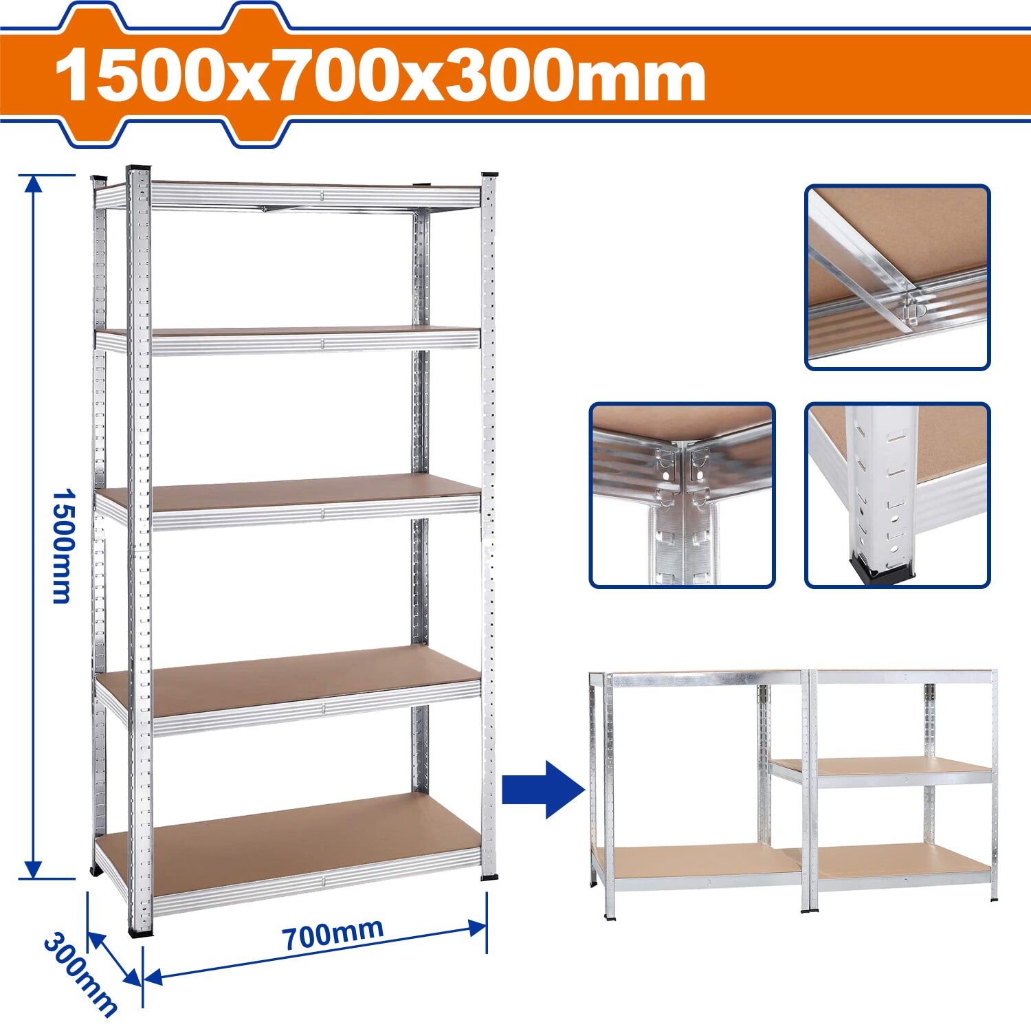 Estanteria de almacenamiento ajustables 5 niveles. 1500x700x300mm. Capac carga: 175Kg. Acero y MDF.