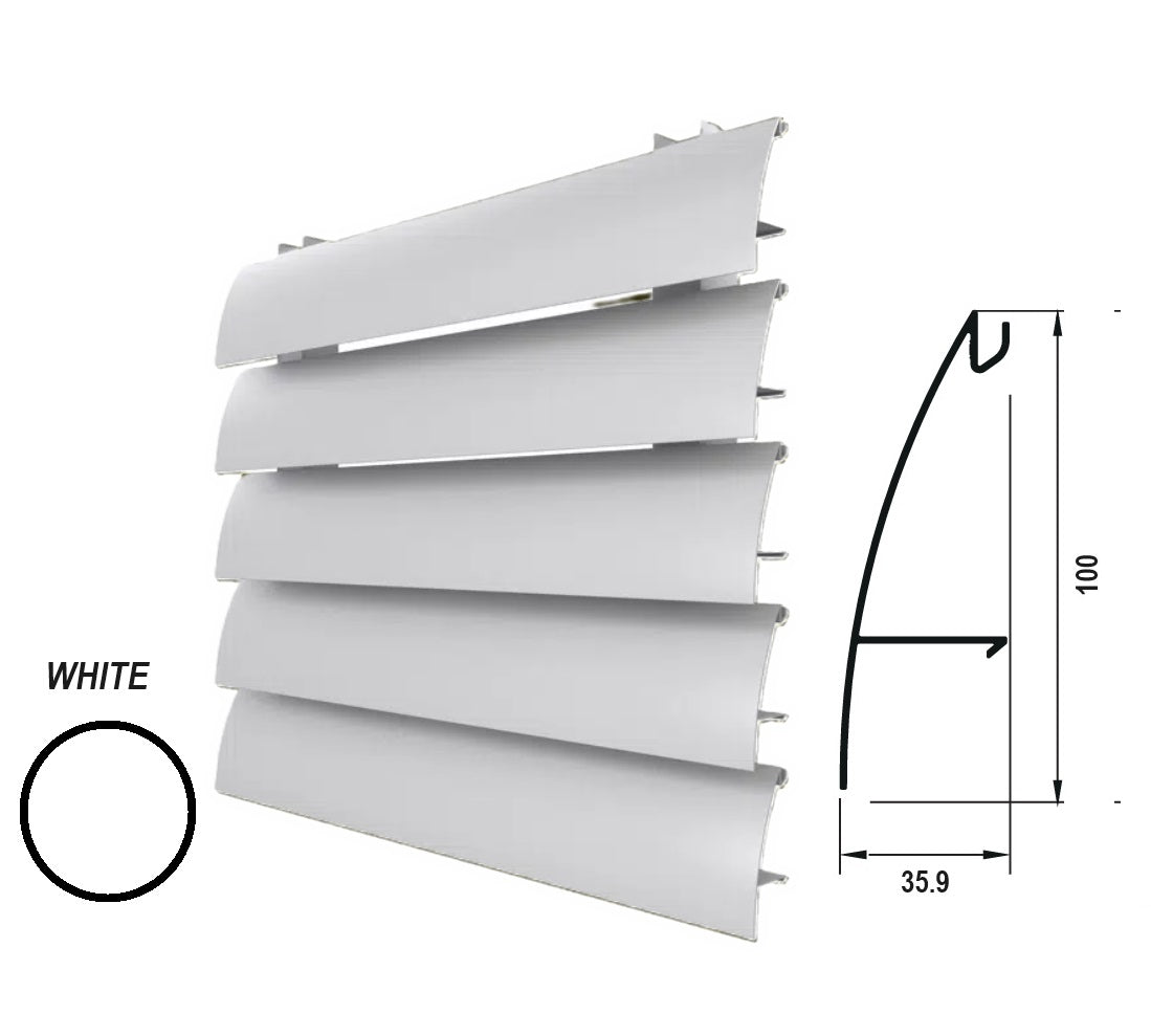 Lama Louver Curva Blanco para clipar en marco U127 Ancho 100x35x1mm 5.85m long.