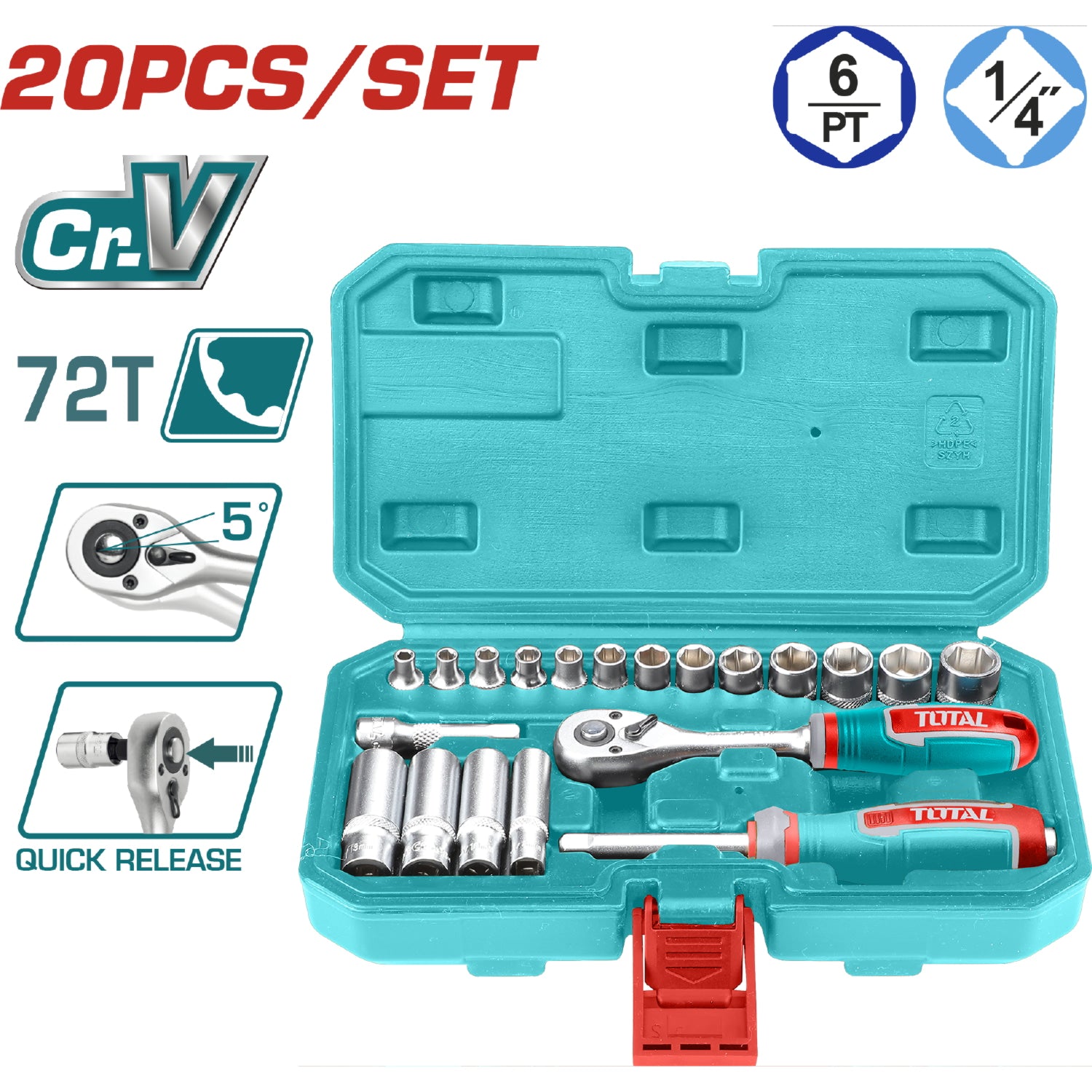 Dados Socket de 1/4" con ratchet Cr.V 4-14mm Set de 20 piezas. Tratamiento térmico.