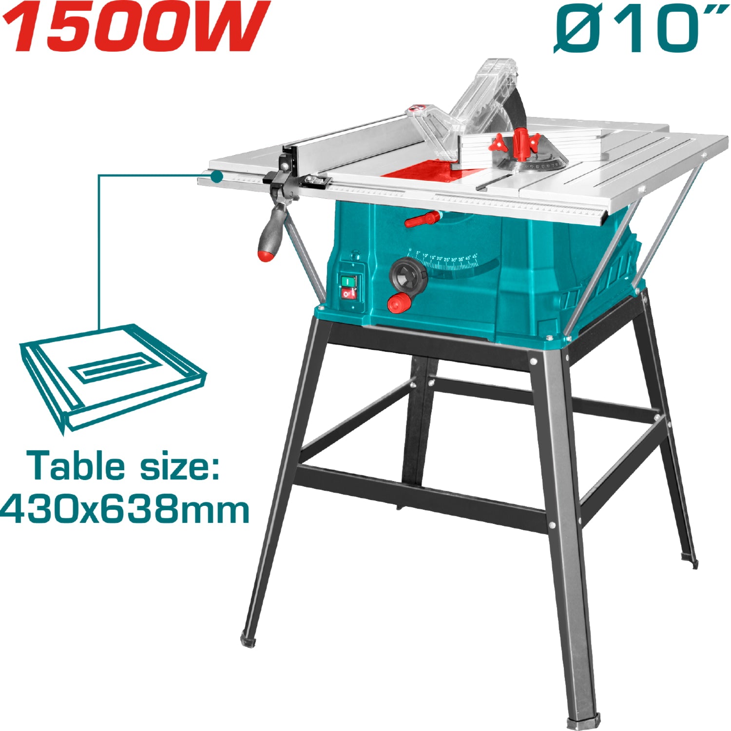 Sierra de mesa 1500W 4500rpm. 10"x5/8" Mesa 16-59/64"x25-8/64". 110-120V~60Hz. Rango: 0°-45°