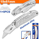 Exacto plegable con mango de aluminio. Cuchillas 19 x 61mm. Con 5 cuchillas.