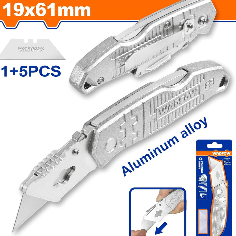 Exacto plegable con mango de aluminio. Cuchillas 19 x 61mm. Con 5 cuchillas.