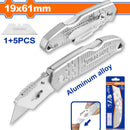 Exacto plegable con mango de aluminio. Cuchillas 19 x 61mm. Con 5 cuchillas.