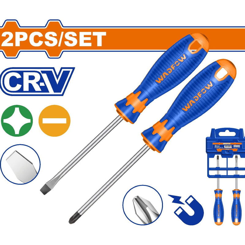 Destornilladores largos 100mm. Punta Plana SL6.5 y Estrella PH2. CR-V. Magnético. Set 2 pzs.